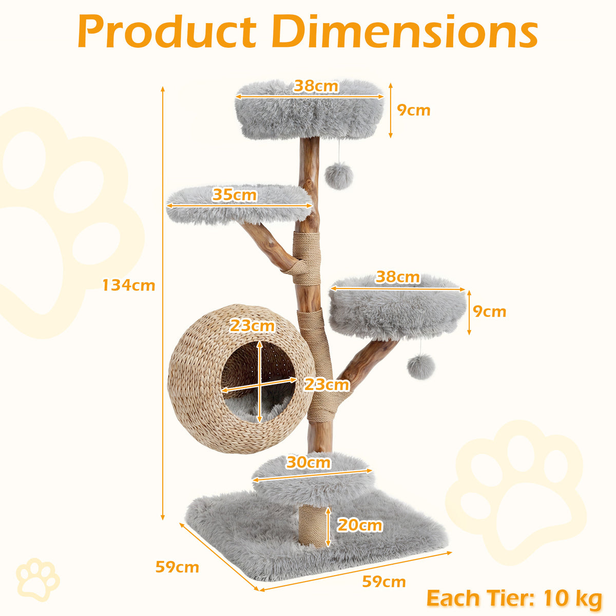 The cat tree shown with orange dimension lines and labels indicating the size of each part