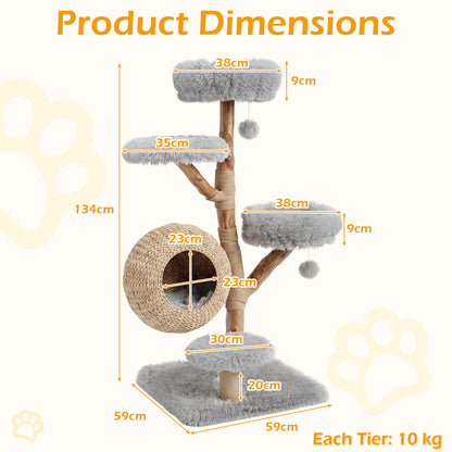 The cat tree shown with orange dimension lines and labels indicating the size of each part