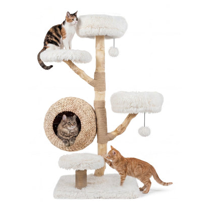 134CM 5-Tier Cat Tree with woven cat condo and hanging balls in white
