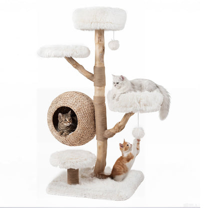 Three cats playing on the white cat tree with a woven condo