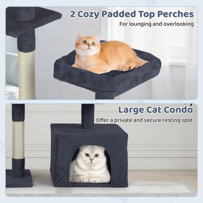 The cat tree features highlighted with a cat on the top perch and one inside the condo