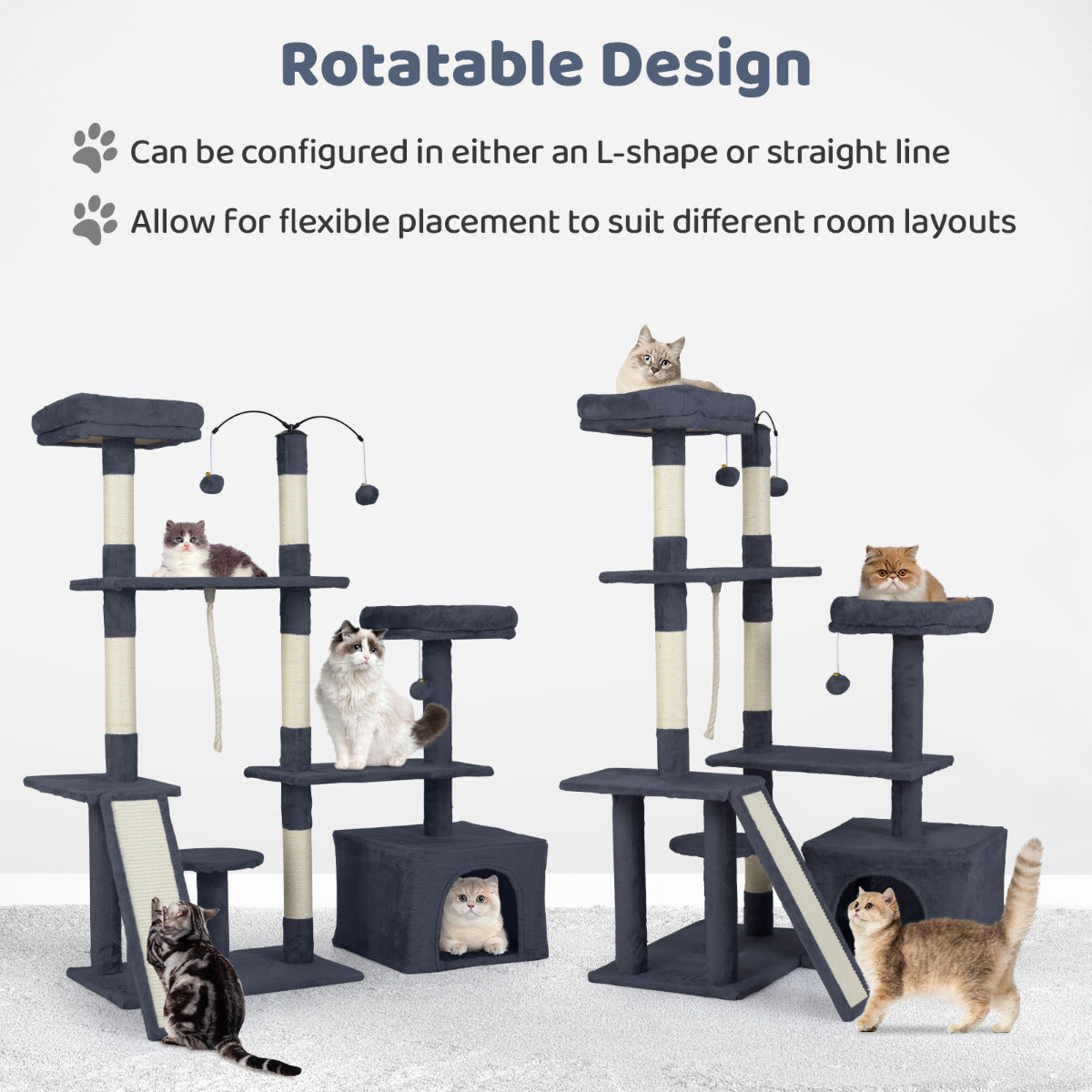 The cat tree shown in two different configurations to demonstrate the rotatable design