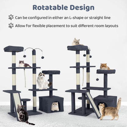 The cat tree shown in two different configurations to demonstrate the rotatable design