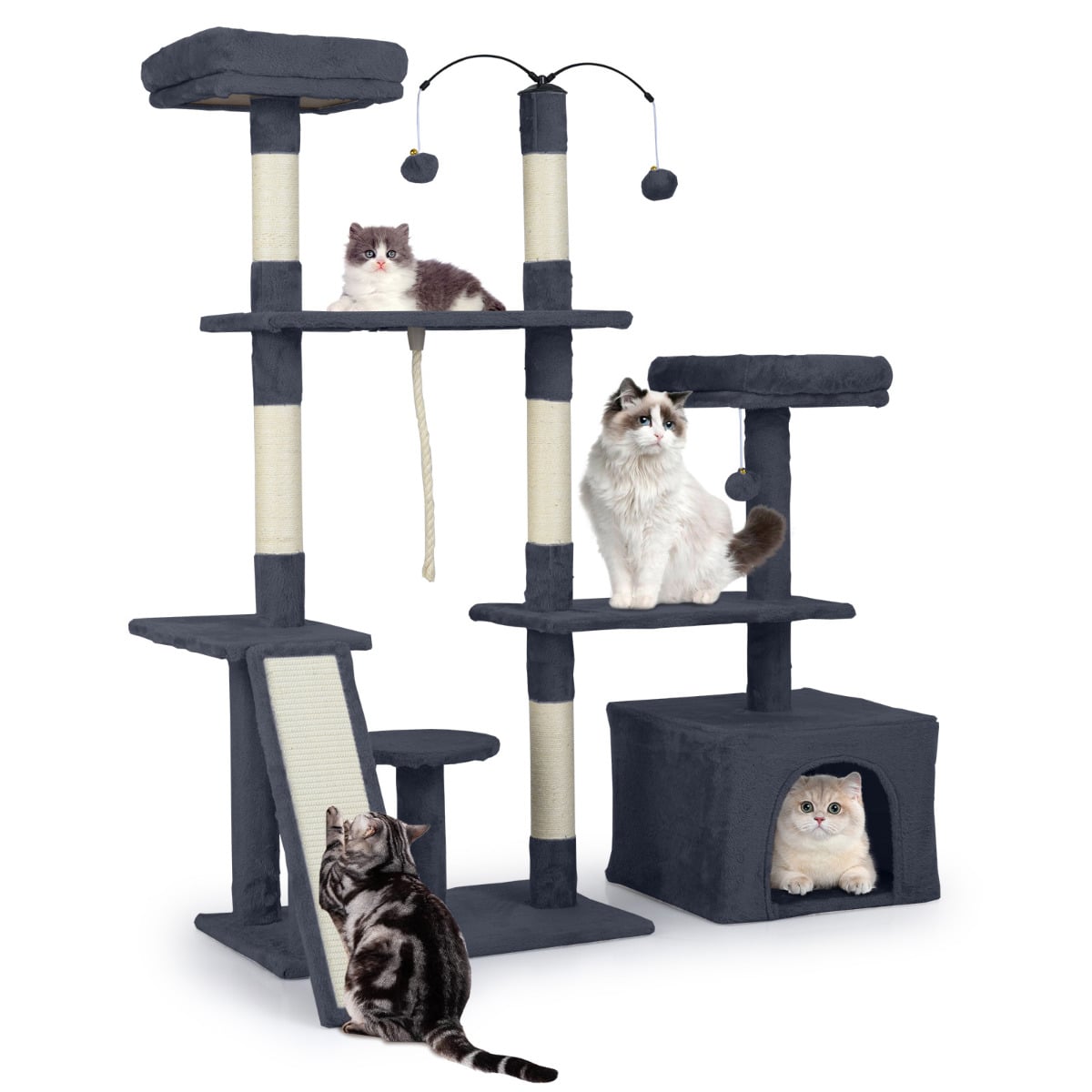 136 CM Tall Cat Tree Tower with multiple platforms and cats playing on a white background