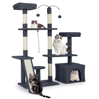 136 CM Tall Cat Tree Tower with multiple platforms and cats playing on a white background