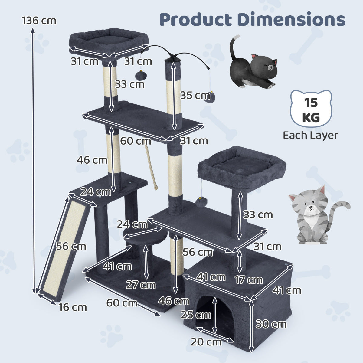 The cat tree with technical lines showing all the dimensions of the structure