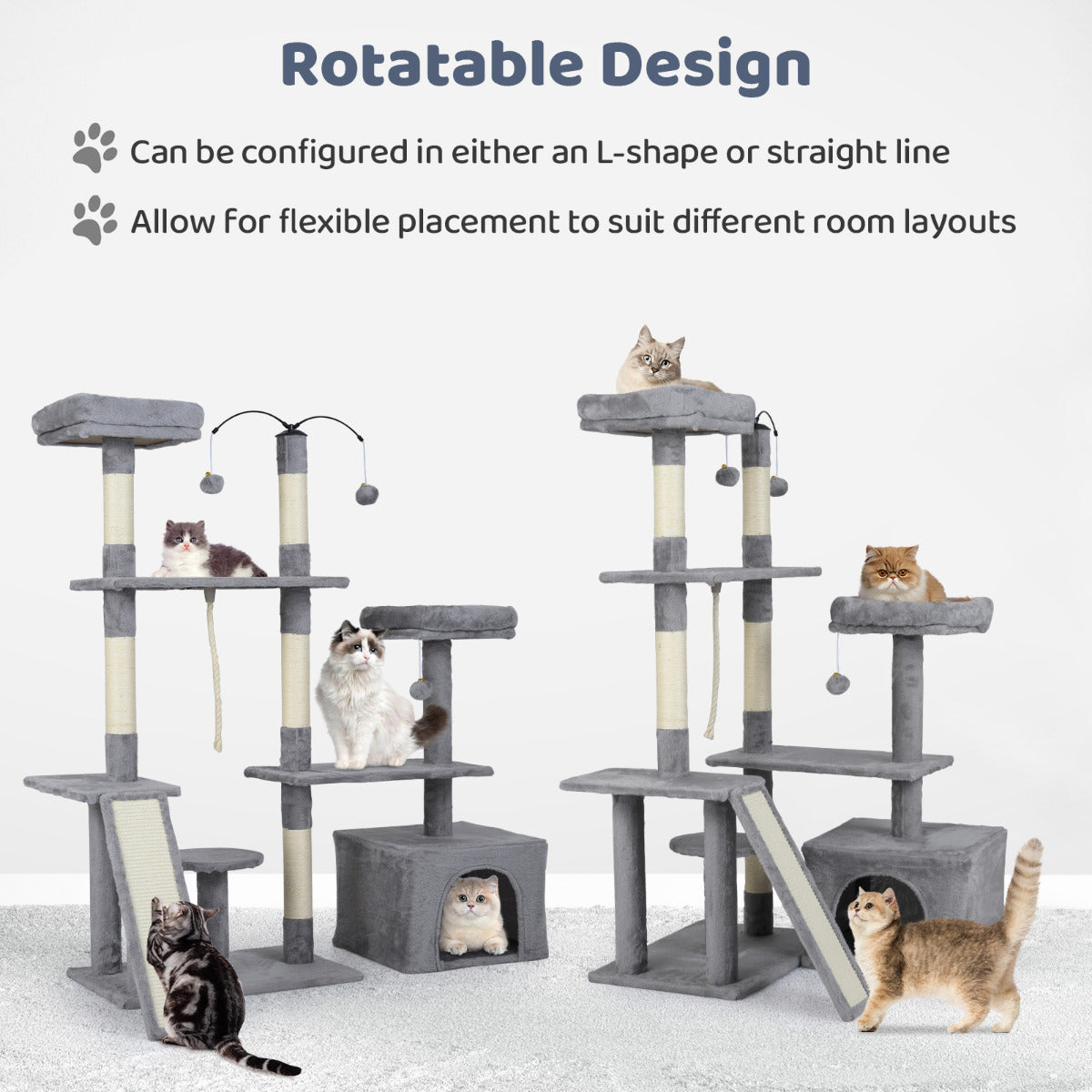 The cat tree shown in two different configurations to demonstrate the rotatable design