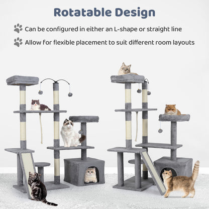 The cat tree shown in two different configurations to demonstrate the rotatable design