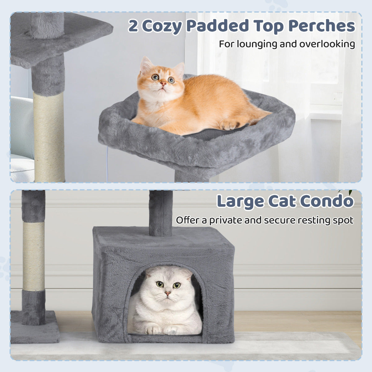 The cat tree highlighting the padded top perch and the enclosed cat condo for resting