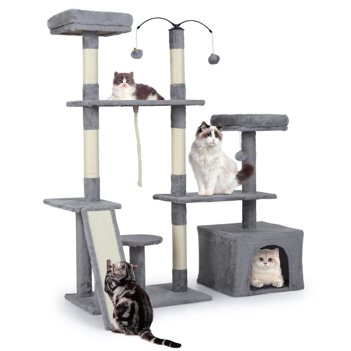 136 CM Tall Cat Tree Tower with multiple platforms and cats playing on a white background