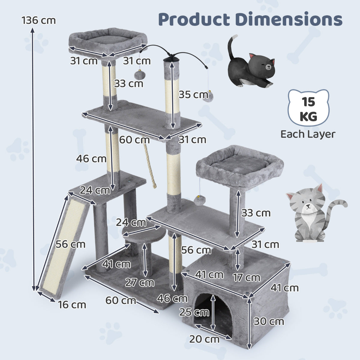 The cat tree with annotated lines showing the dimensions of every part and platform