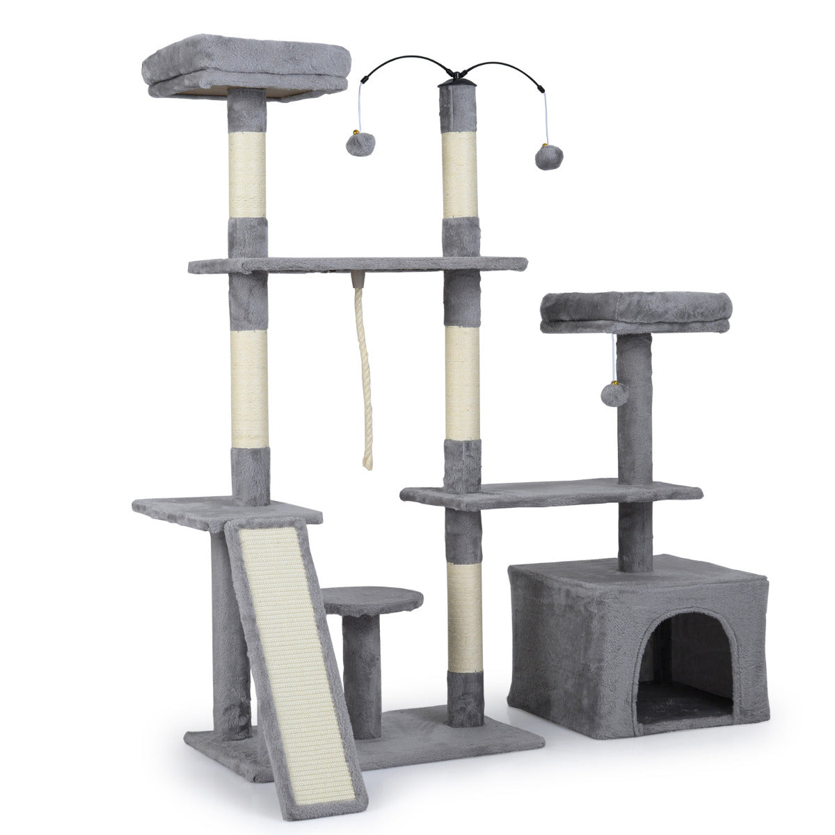 The cat tree showing the light grey fabric and sisal scratching posts on a white background