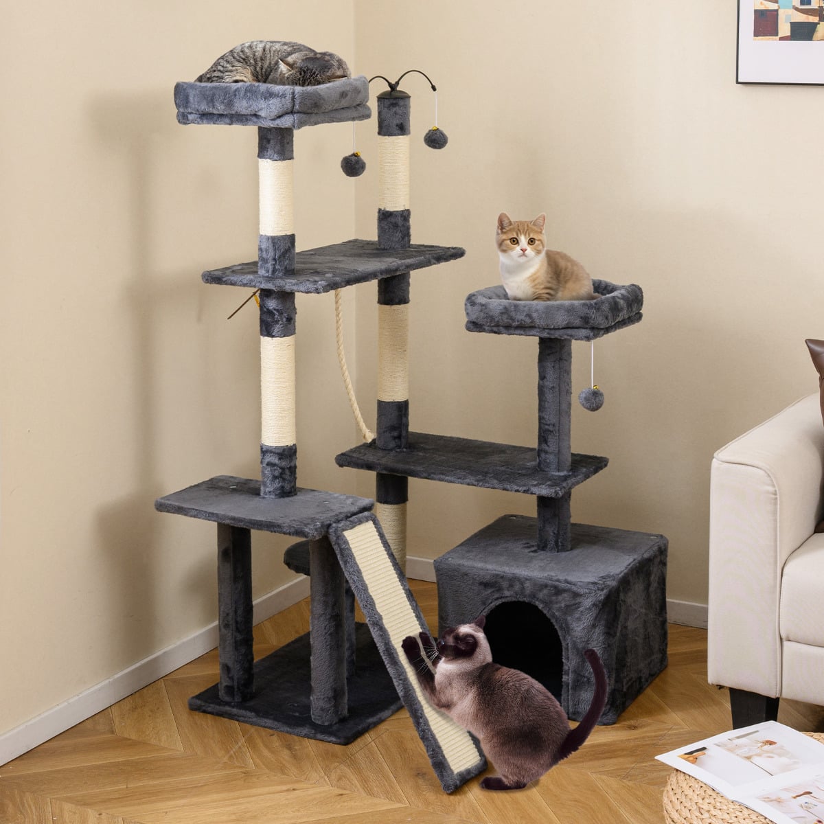 136 CM Tall Cat Tree Tower with Sisal Scratching Posts-Dark Grey