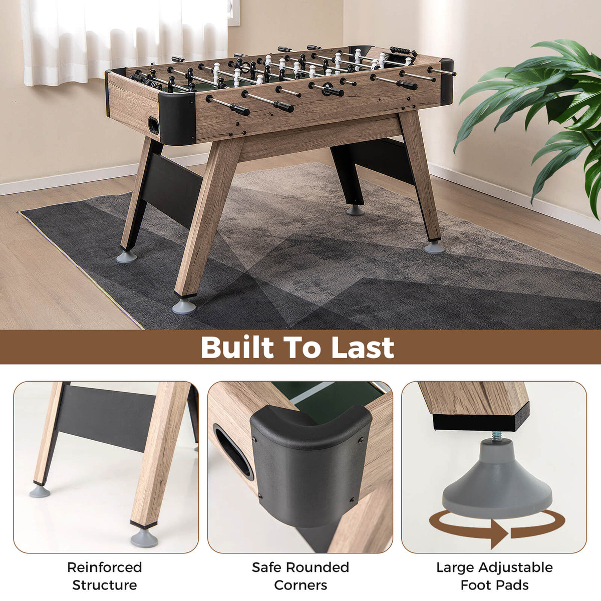 The soccer game table in a room with close-ups of the feet and corner design