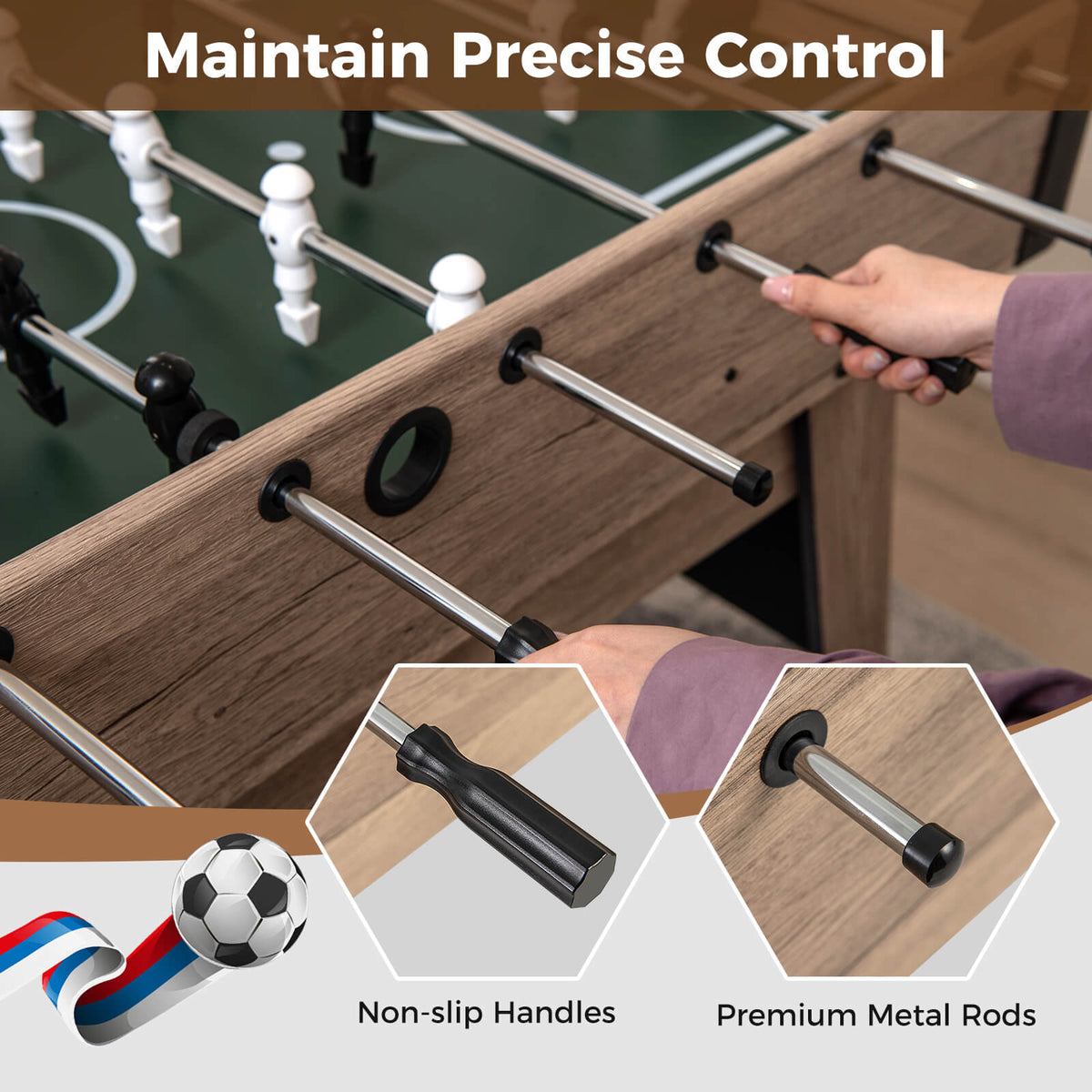 The soccer game table showing hands using the non-slip handles and metal rods
