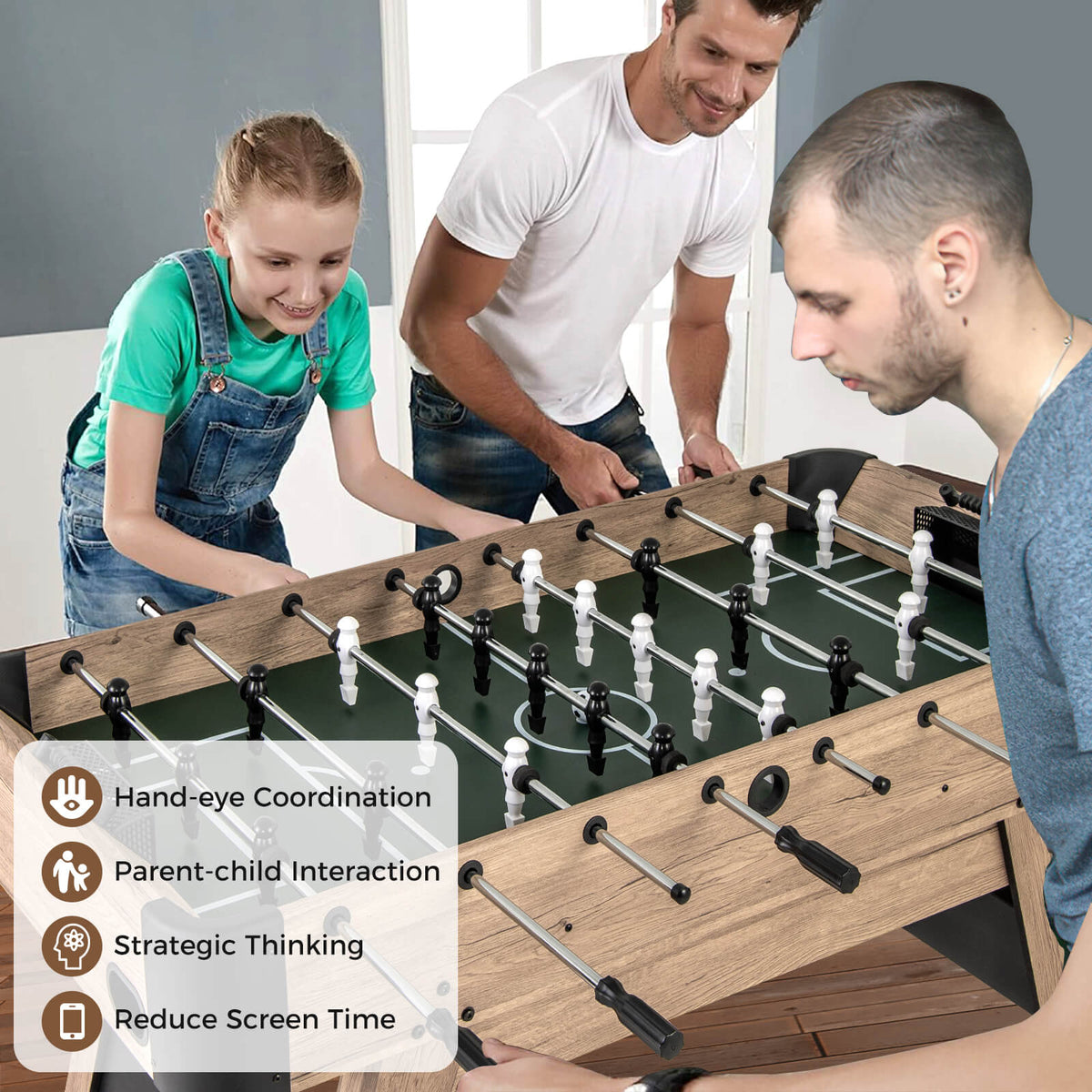 The soccer game table being played by a family with educational benefits listed