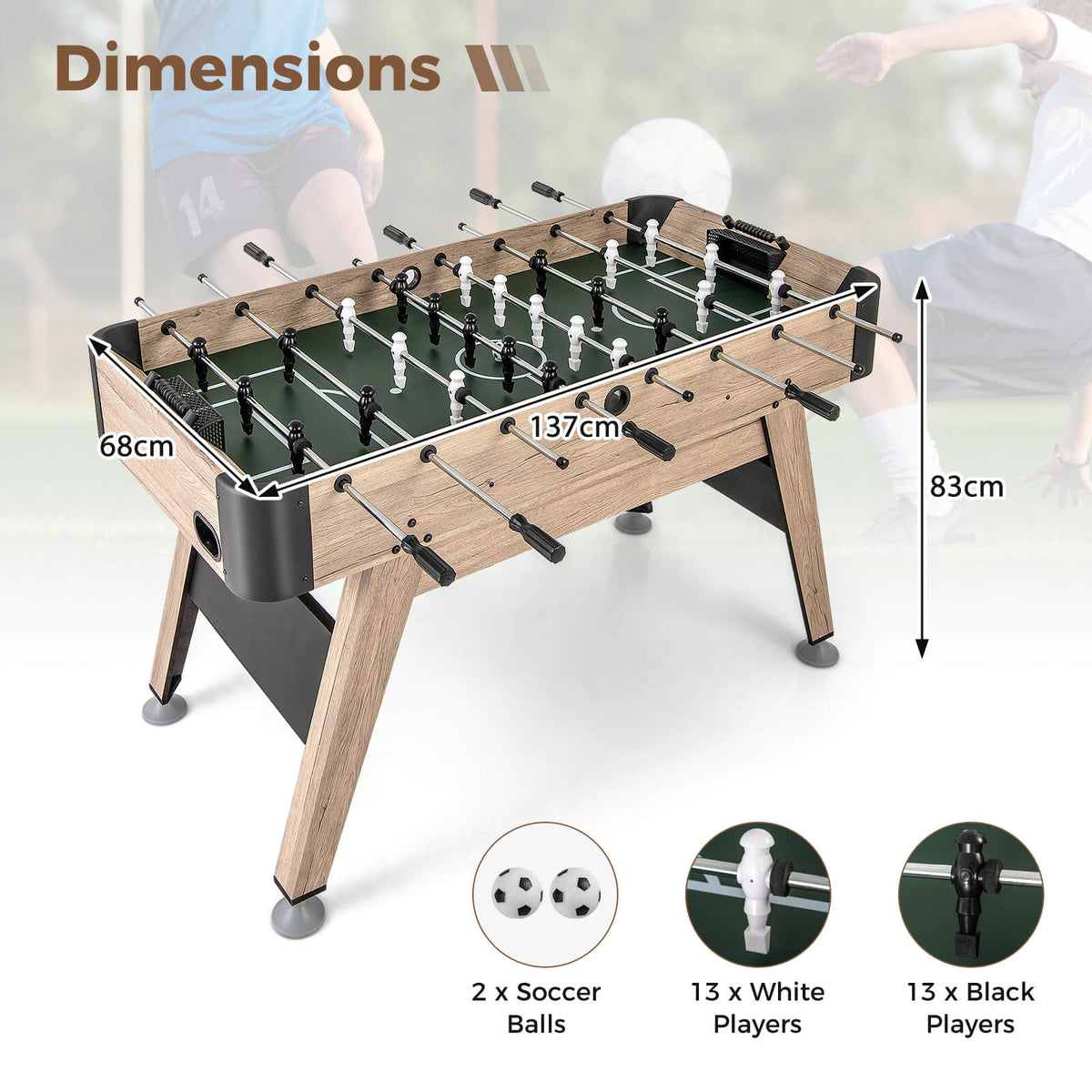 The soccer game table with dimension arrows and icons of the included parts