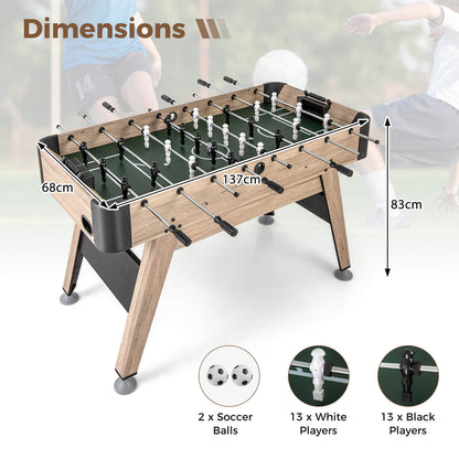 The soccer game table with dimension arrows and icons of the included parts