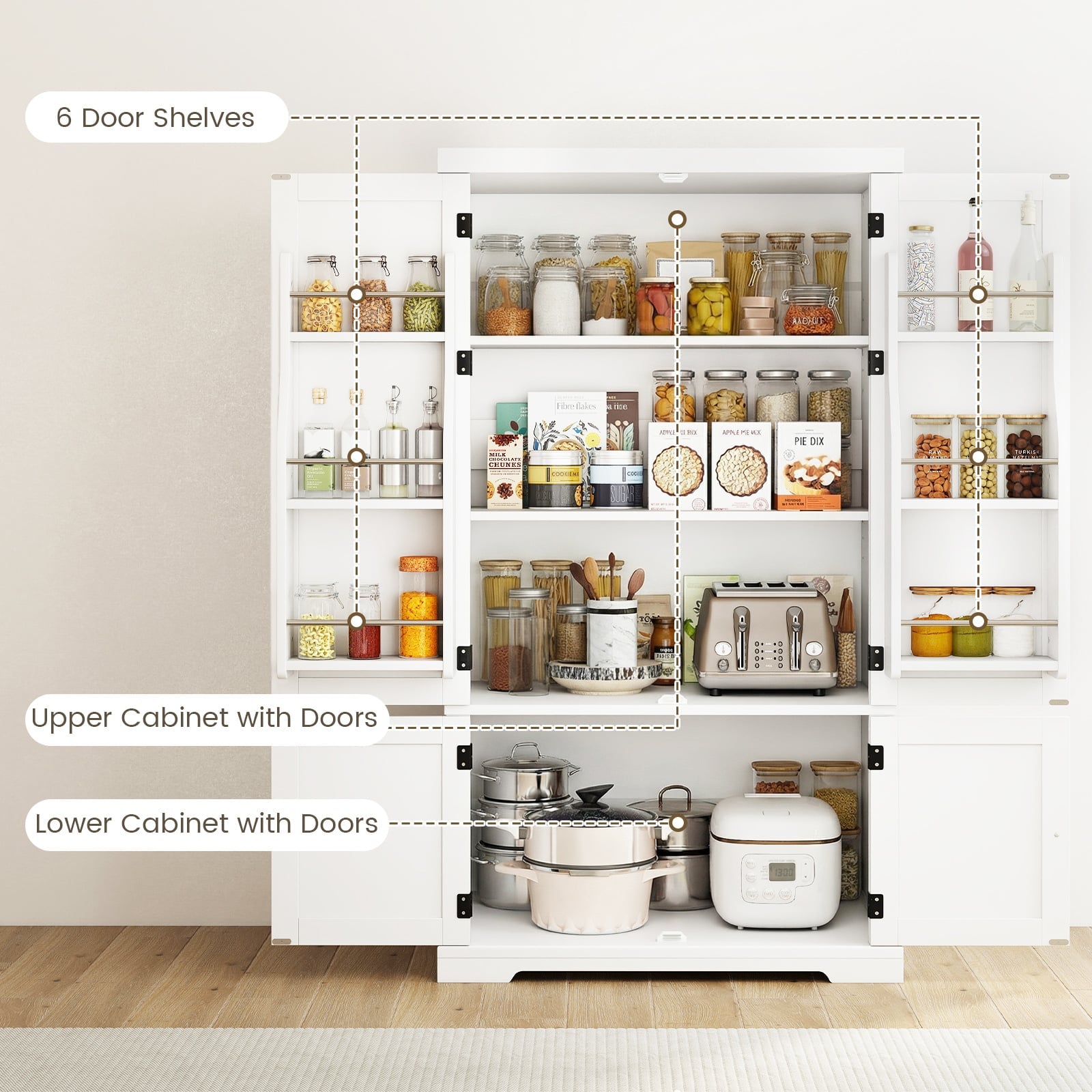 139 cm Pantry Cabinet with 4 Doors and 6 Door Shelves-White