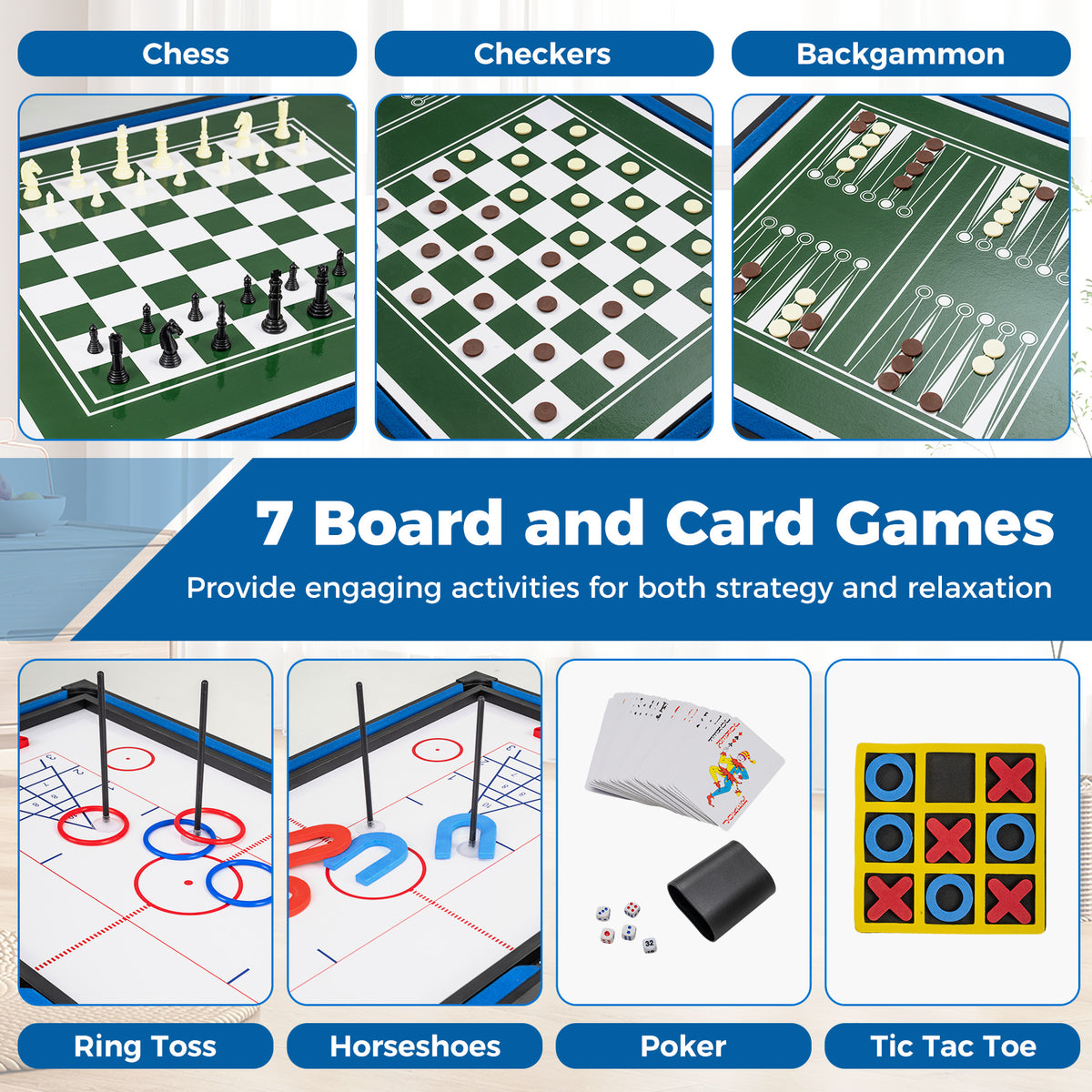 Close up of the board games and accessories included with the combo game table