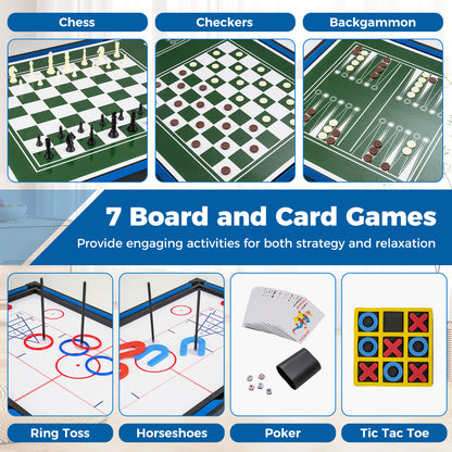 Close up of the board games and accessories included with the combo game table
