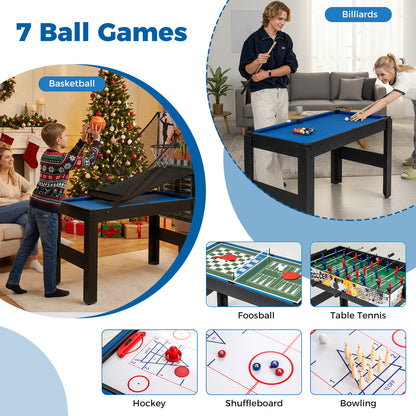 Collage of different games available on the combo game table including basketball, billiards, foosball, and table tennis