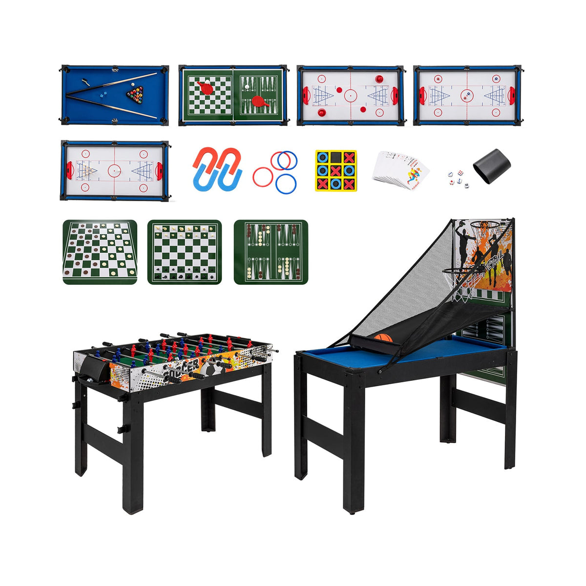 14-in-1 Combo Game Table Set showing all the different game boards and accessories laid out