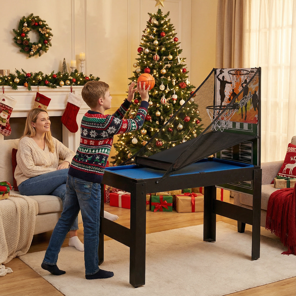 A young boy playing basketball on the combo game table with a woman watching