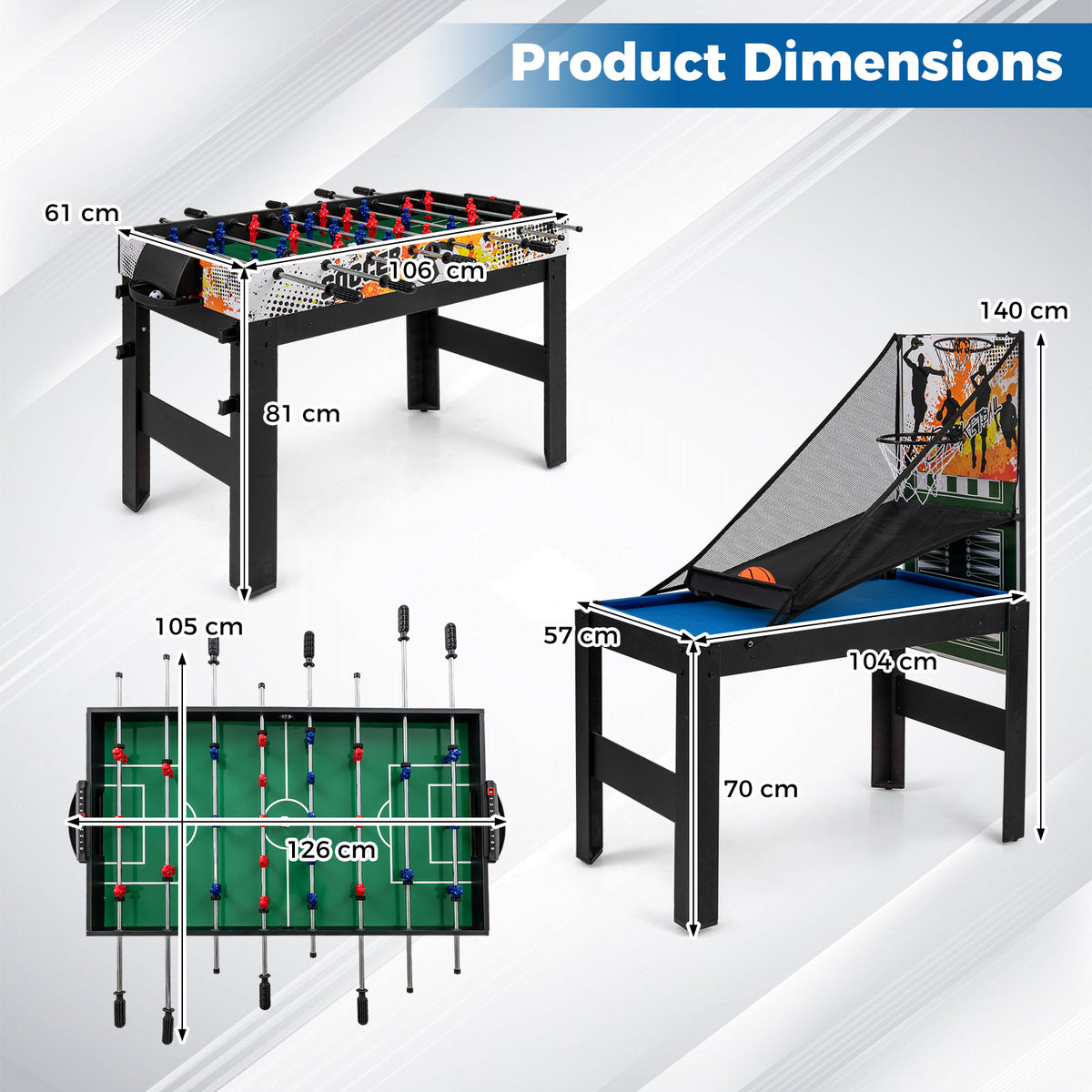 Diagram showing the dimensions of the multi-game table in both foosball and billiards configurations