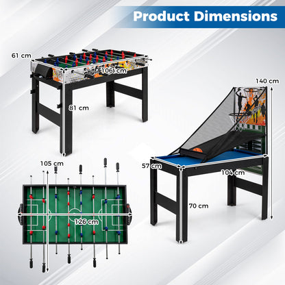 Diagram showing the dimensions of the multi-game table in both foosball and billiards configurations