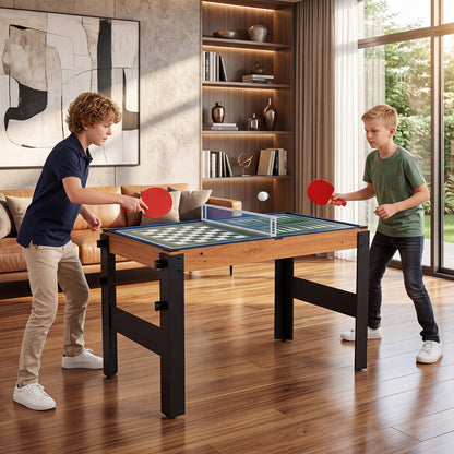 The multi-game table used for table tennis by two boys playing in a living room