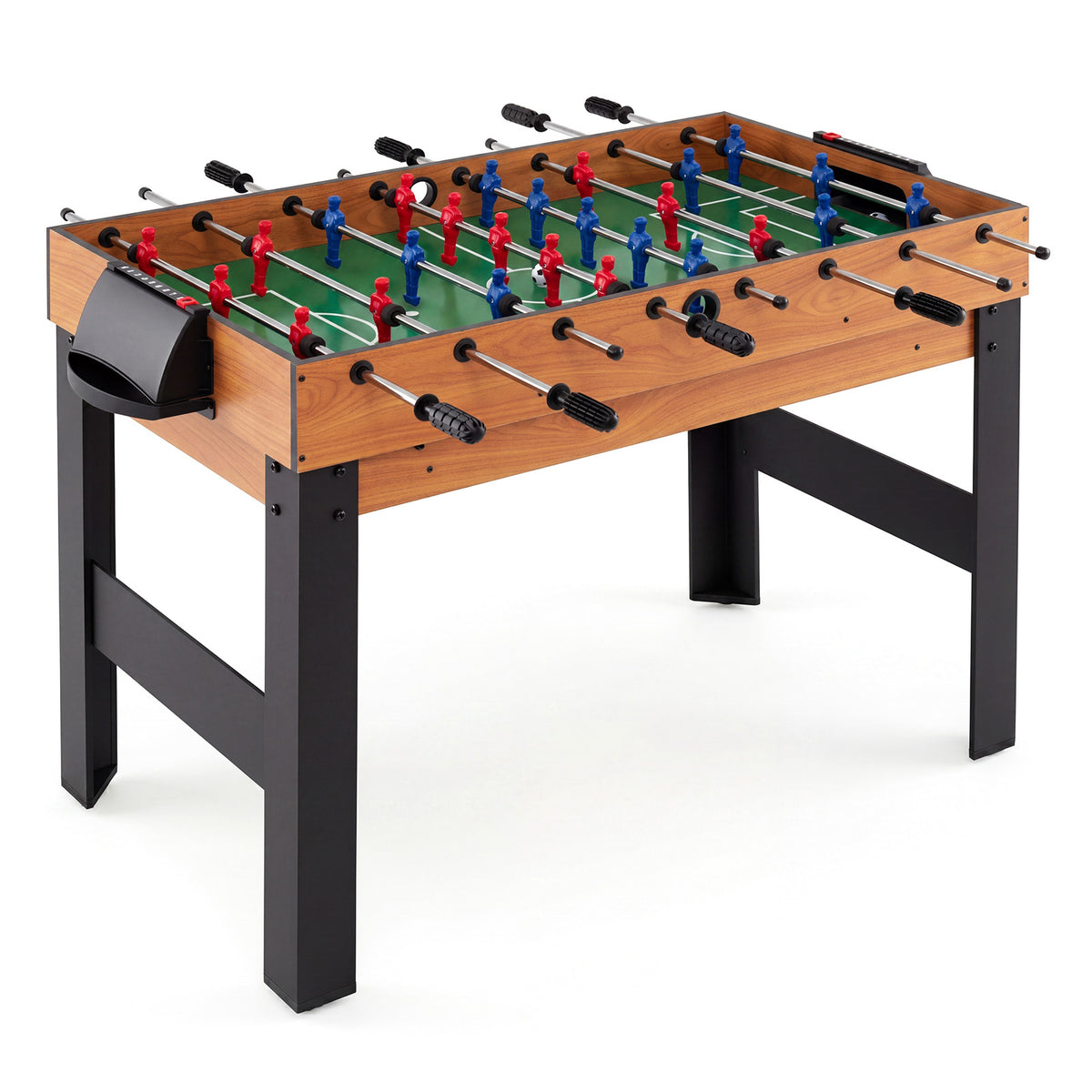 The multi-game table configured for foosball with red and blue players on rods