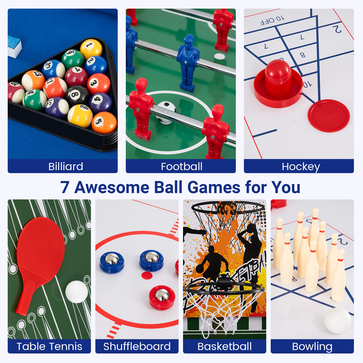 The multi-game table accessories including balls, paddles, and bowling pins for seven games