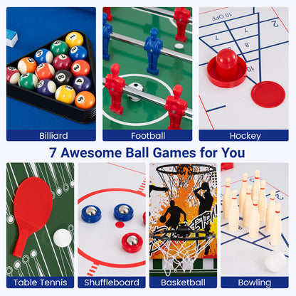 The multi-game table accessories including balls, paddles, and bowling pins for seven games