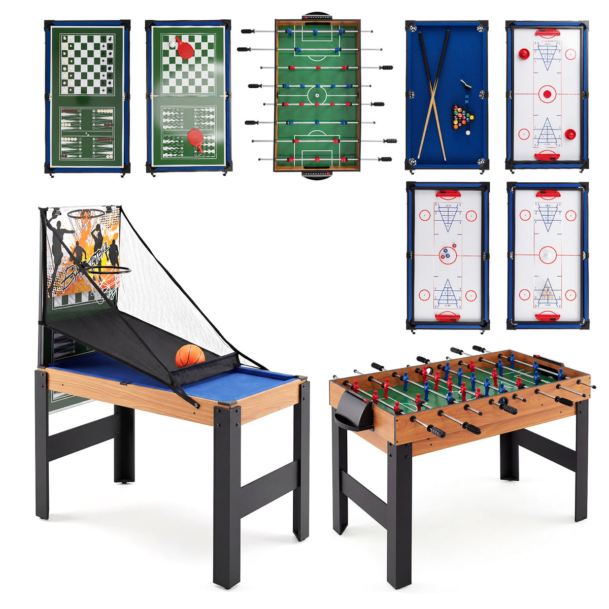 14-in-1 Combo Game Table Set shown with various game boards and the full table setup