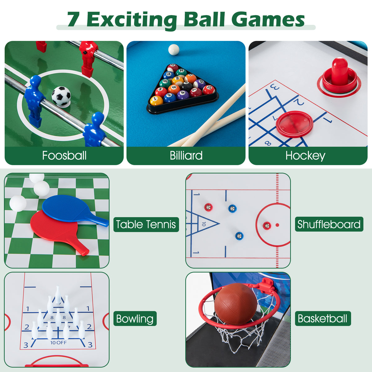 The game table featuring seven different ball games including billiards and hockey