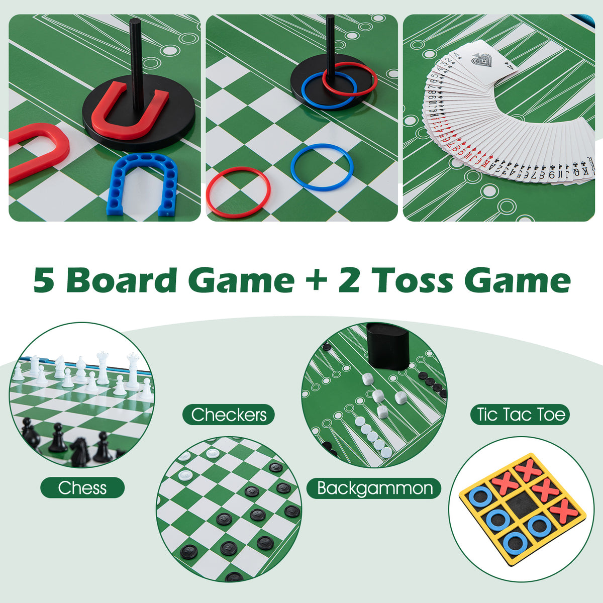 The game table showing five board games and two toss games with their pieces