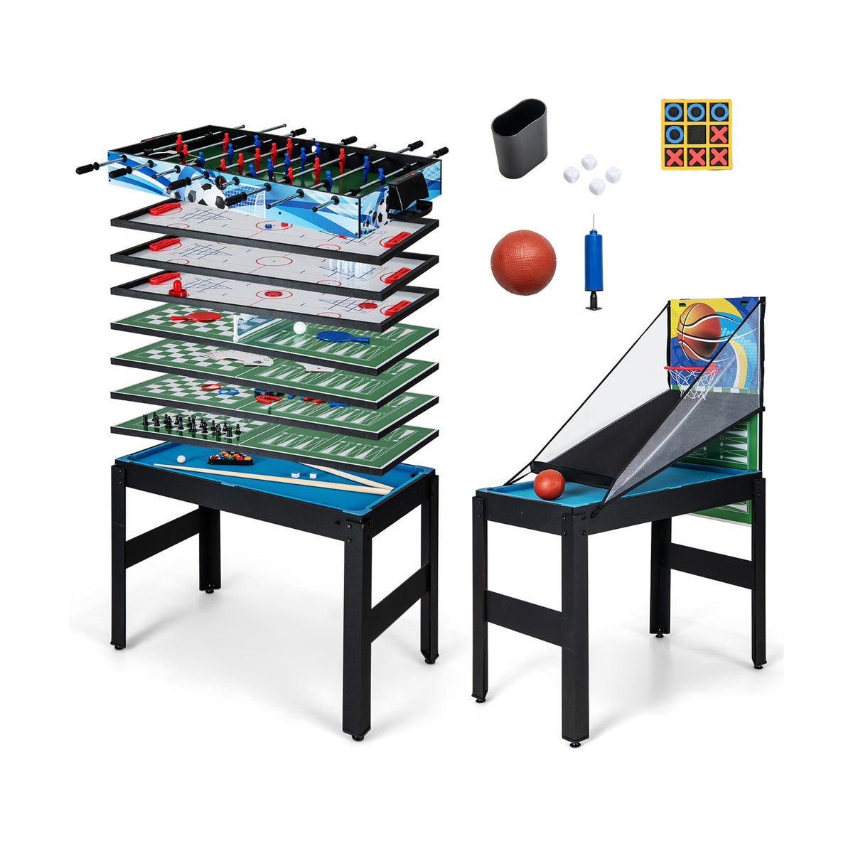 14-In-1 Game Table for Party Game Room Family Night with stacked boards and basketball hoop
