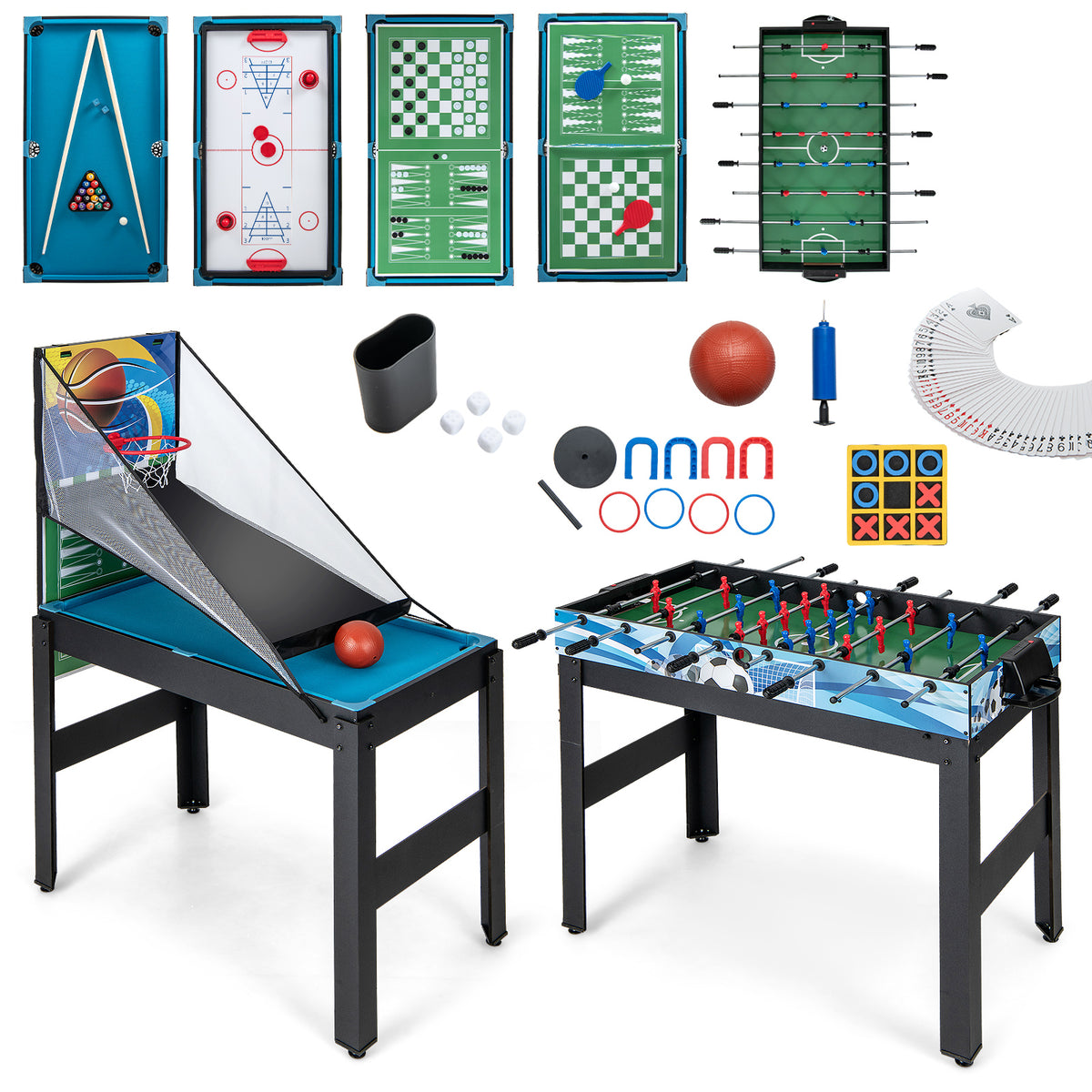 The game table shown in two configurations with various accessories laid out