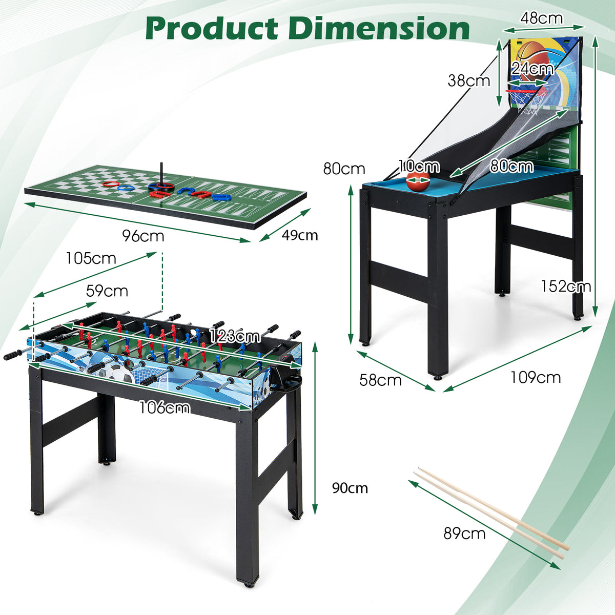 The game table showing various measurements for the different playing surfaces