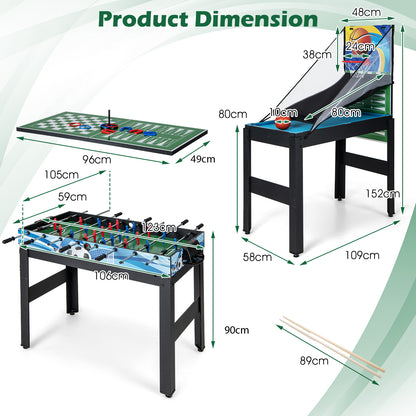 The game table showing various measurements for the different playing surfaces