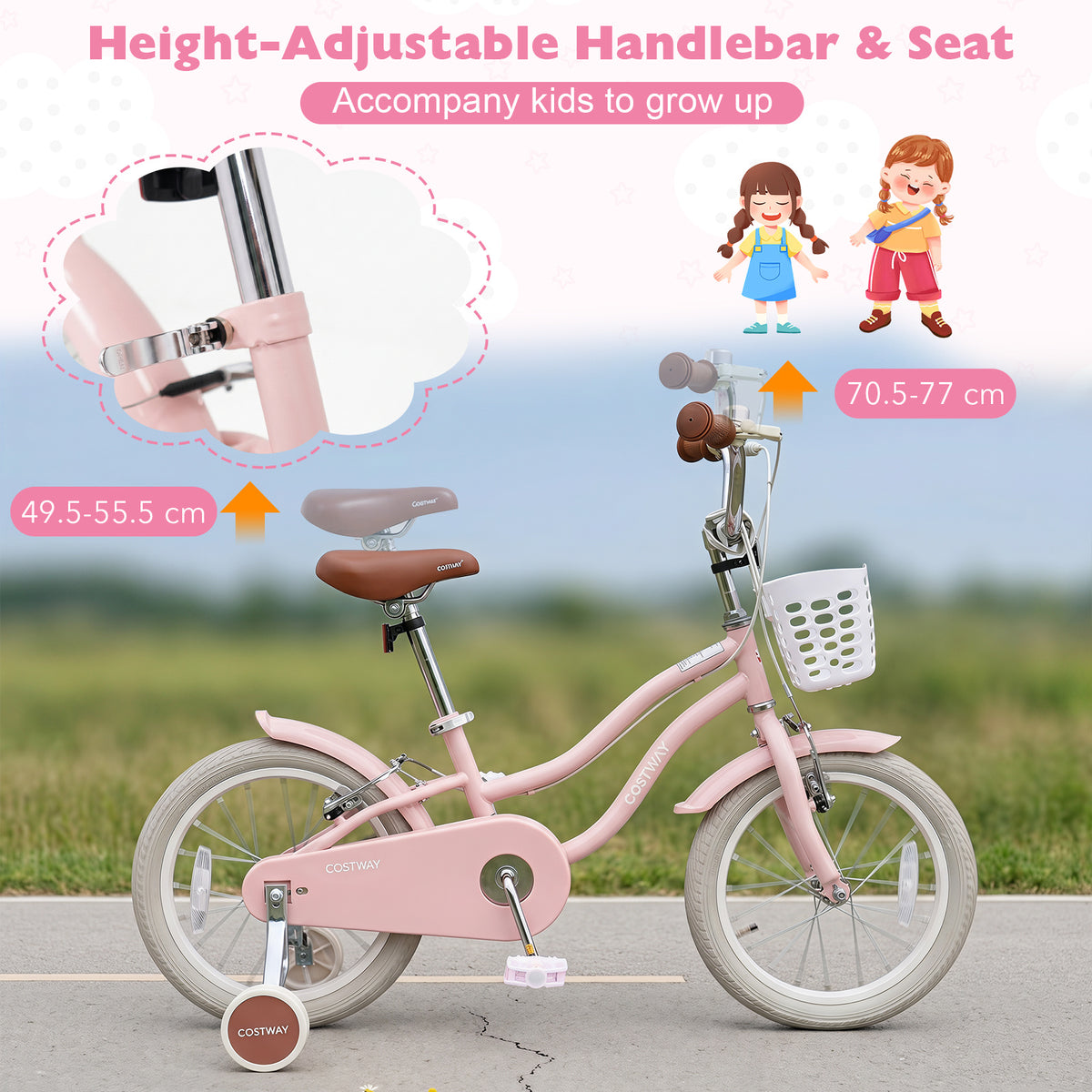 Adjustable seat and handlebars on the pink retro series kids bike