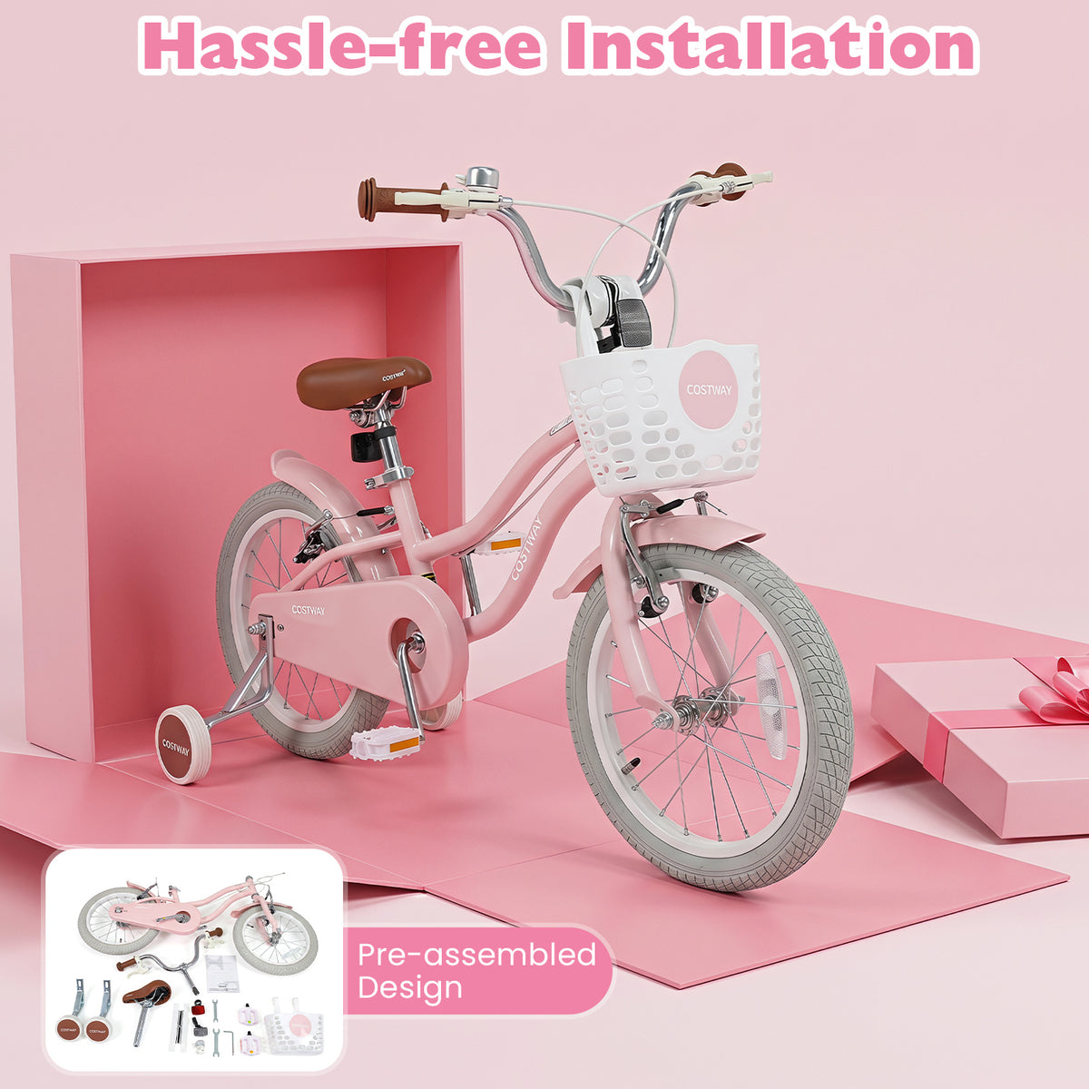 Pink retro series kids bike in packaging with tools