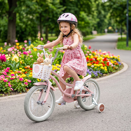 Girl riding the pink retro series kids bike past flowers