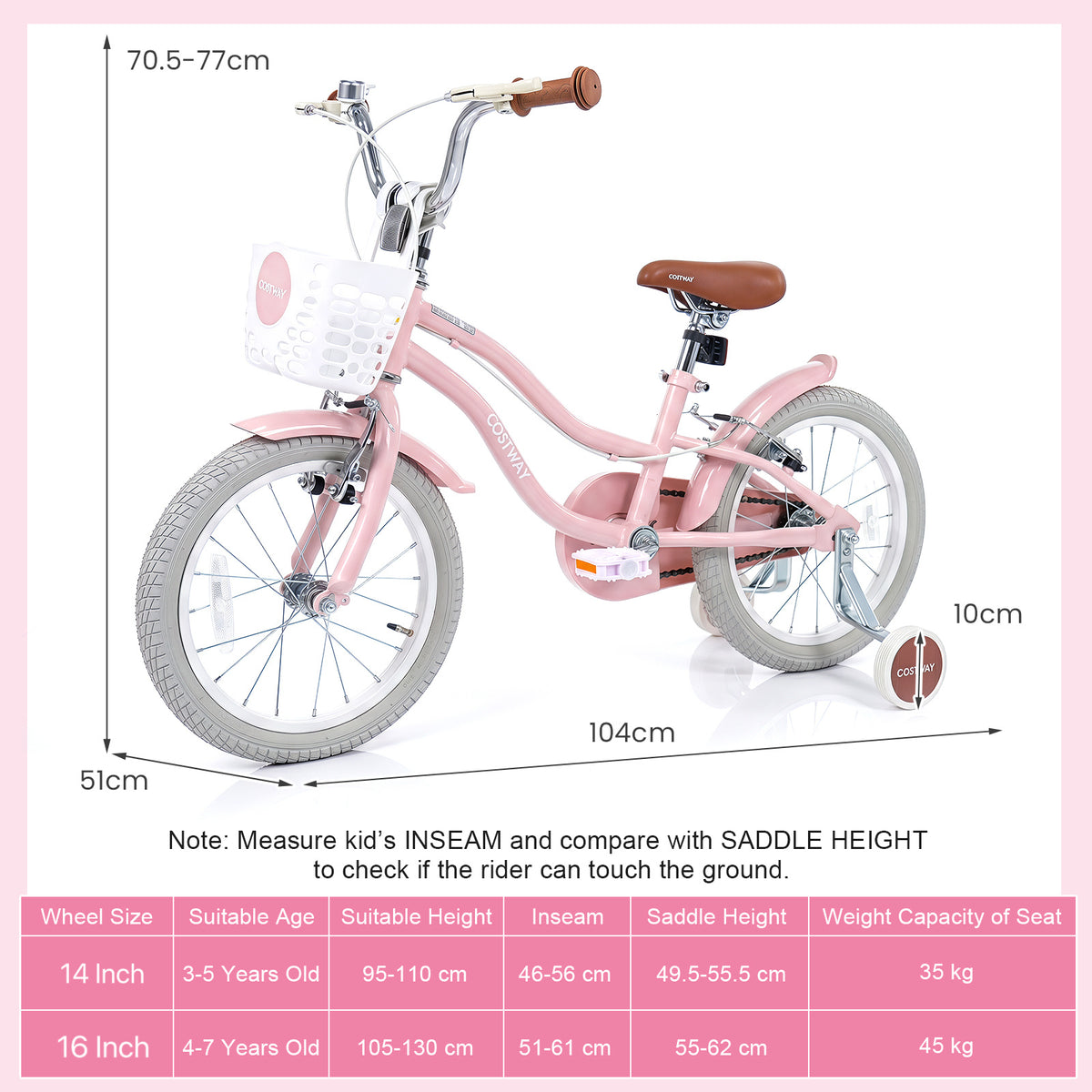 pink kids bike with a basket and stabilisers shown with technical dimensions and a sizing table