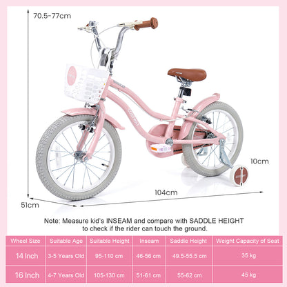 pink kids bike with a basket and stabilisers shown with technical dimensions and a sizing table