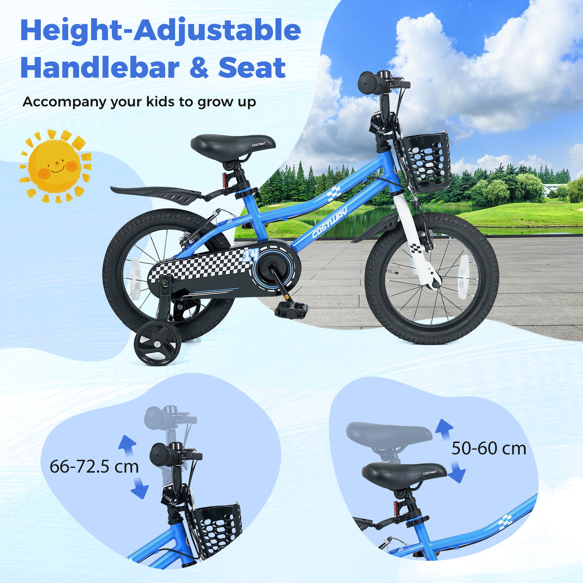 Blue kids bike with adjustable handlebar and seat, showing height ranges