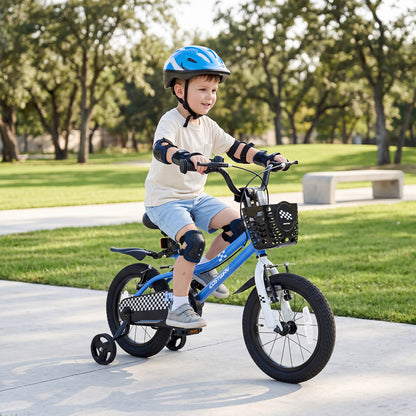 A young boy wearing a helmet and protective gear riding the blue kids bike in a park