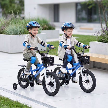Two children wearing helmets and protective gear riding the blue kids bikes outdoors