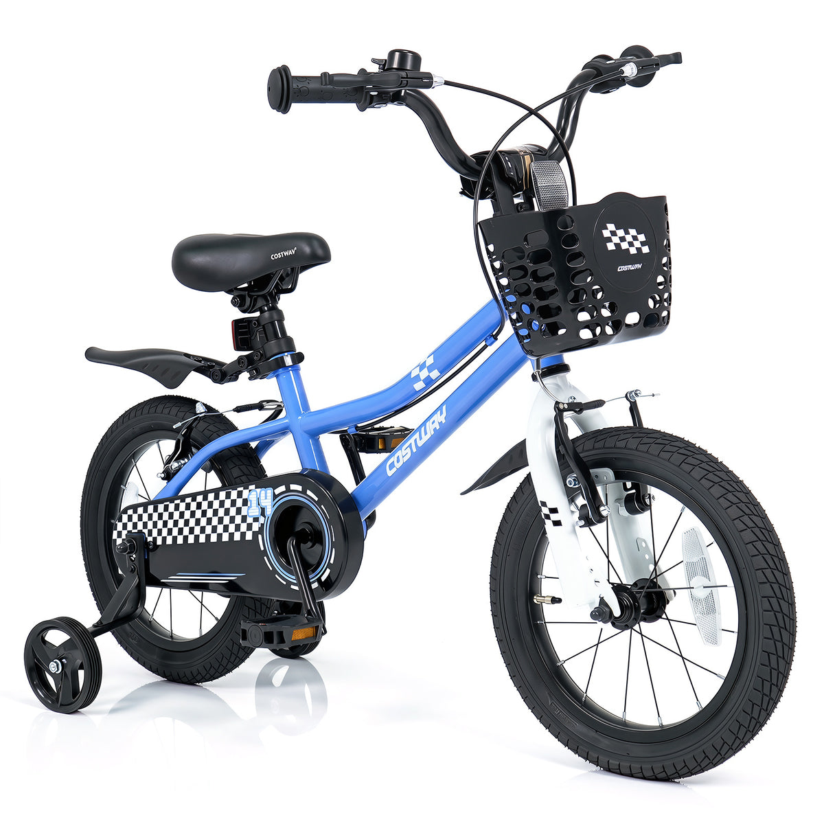 14 Inch Kids Bike with dual brakes in blue and white, featuring a basket and stabilisers